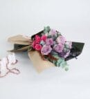 Green Coffee Bouquet with Lilac Roses & Pink Climbing Roses