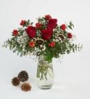 Holly Flower and Red Roses in Glass Vase