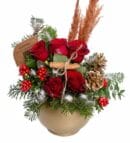 Red Roses and Holly Arrangement in a Gold Pot