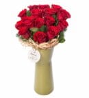 15 Red Roses in Olive Green Glass Vase