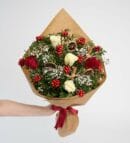 Red and White Roses Bouquet with Holly Flower