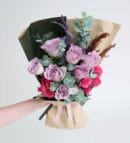 Green Coffee Bouquet with Lilac Roses & Pink Climbing Roses