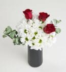 White Daisies & Red Roses in Black Vase