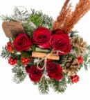 Red Roses and Holly Arrangement in a Gold Pot