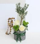 Olive Tree Bonsai & White Roses in a Patterned Pot