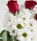 White Daisies & Red Roses in Black Vase