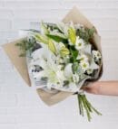 Patterned Design Bouquet with White Lilies and Daisies