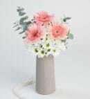 White Daisies & Pink Gerberas in a Beige Vase